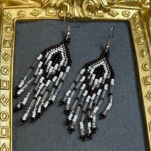 Elegant Maroon and White Seed Beaded Earrings